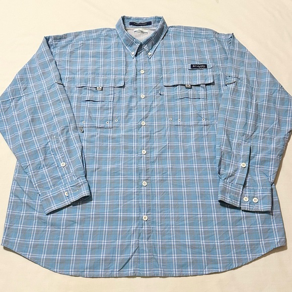 Columbia PFG Super Bahama Blue Plaid L/S Button-Down Collared Sport Shirt - XL - Picture 2 of 16